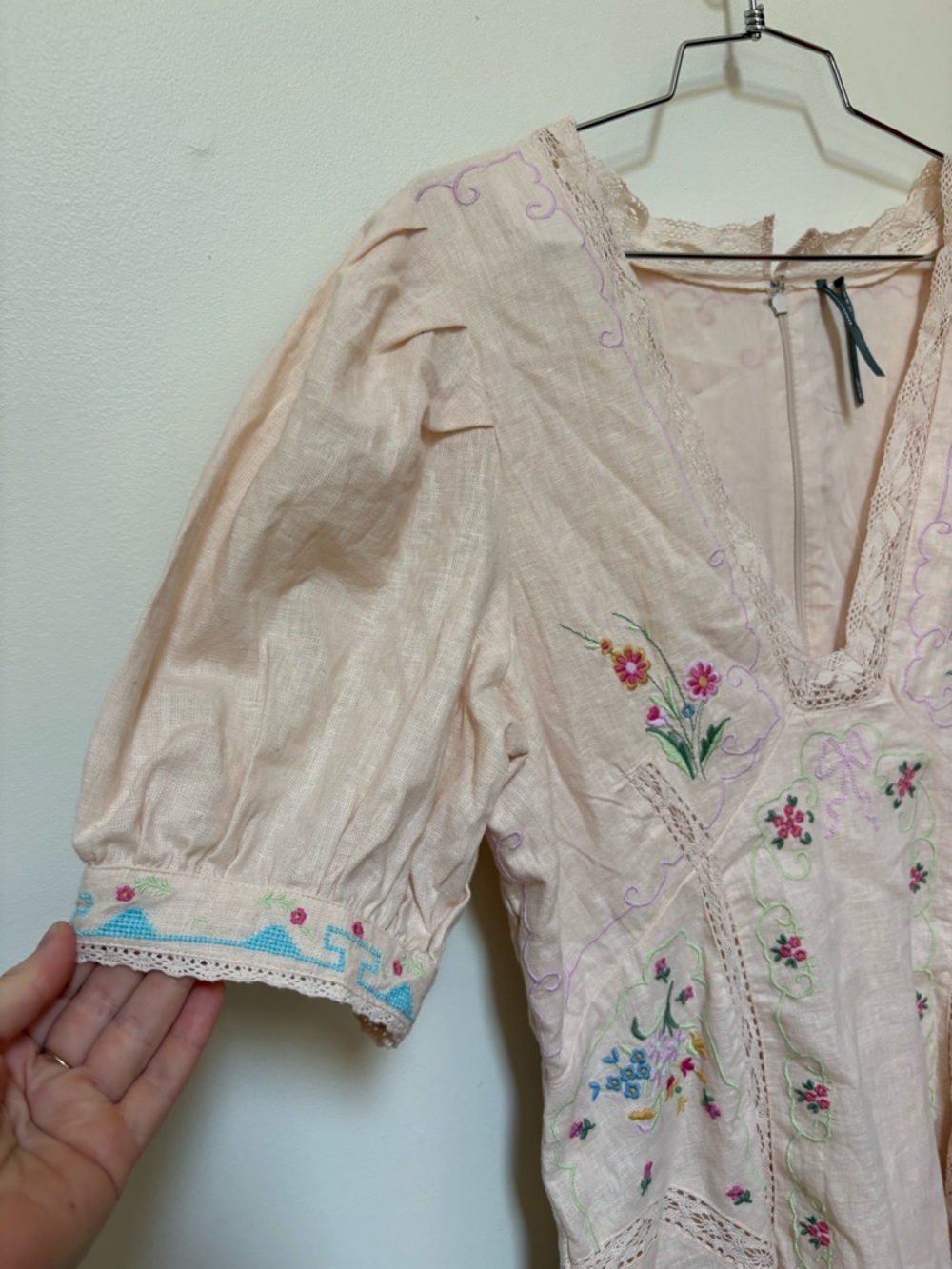 NWOT By Anthropologie Linen Blend Puff-Sleeve V-Neck Mini Dress Size 14 - Picture 8 of 16